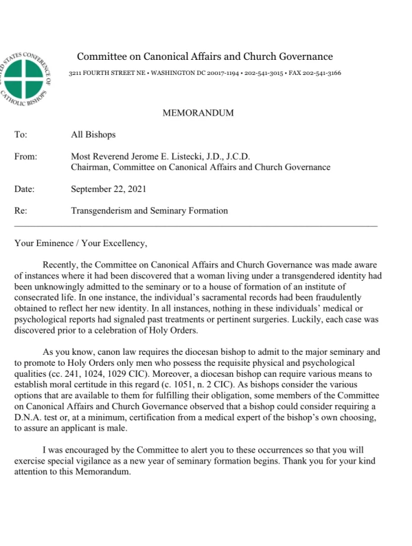 memo-uscbb-transgender Suýt lỡ truyền chức Linh mục cho 1 Chủng sinh là phụ nữ chuyển giới