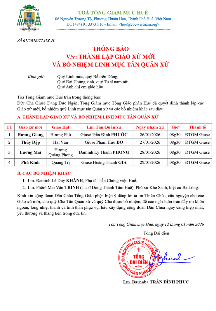TGP Huế thành lập 4 Giáo xứ mới đầu năm 2026