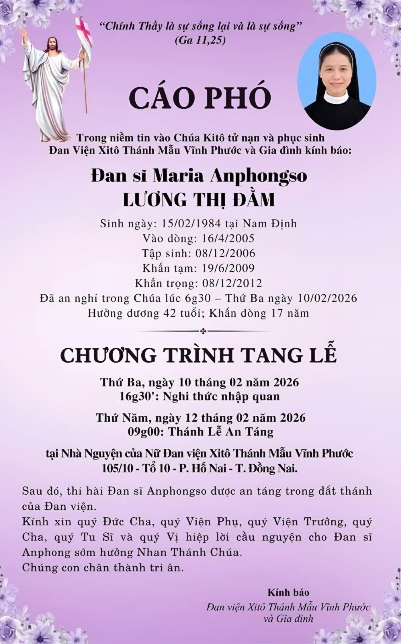Xót xa Nữ tu trẻ sinh năm 1984 mới được Chúa gọi về